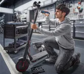 Seseorang memperbaiki skuter listrik menggunakan obeng tanpa kabel di bengkel.