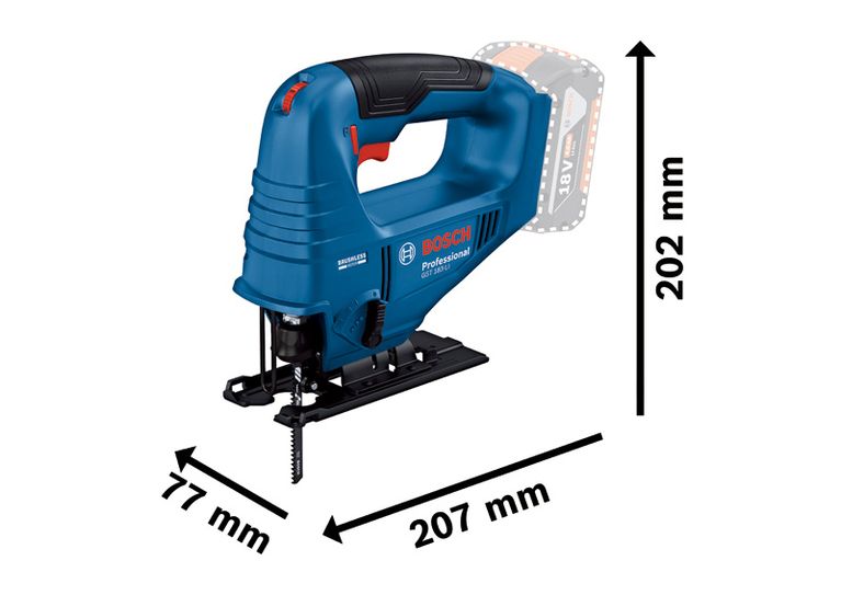 Gergaji ukir nirkabel Bosch GST 183-LI dengan dimensi ringkas.