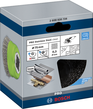 Sikat cangkir Bosch PRO baja tahan karat 75×0,3 mm X-Lock.