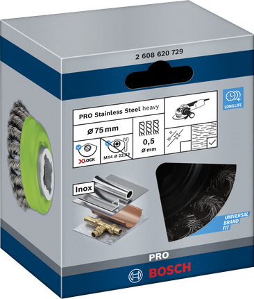 Sikat Mangkuk PRO Stainless Steel heavy X-Lock, 75 x 0,5 mm Sikat cangkir baja tahan karat Bosch PRO X-Lock 75×0,5 mm.