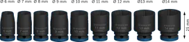 Set Kunci Sok Impact Bosch PRO 1/4 inci, 9 buah, 6-14 mm.