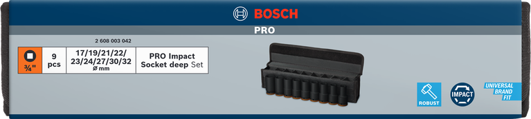 Set Soket Impact Bosch PRO 3/4 inci dalam, 9 buah.
