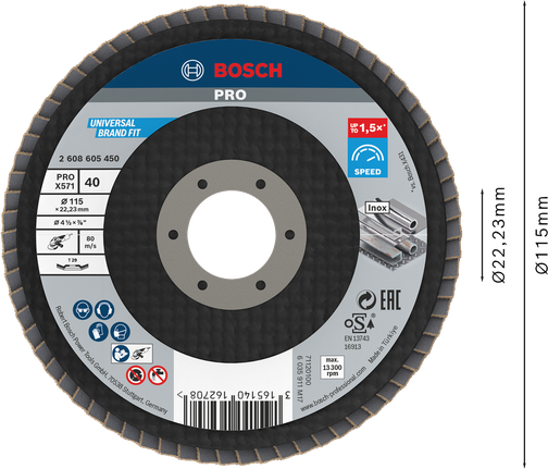 Cakram penutup Bosch PRO X571 bersudut 115mm G40 untuk logam.