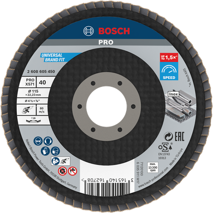 Cakram penutup Bosch PRO X571 bersudut 115mm G40 untuk inox.