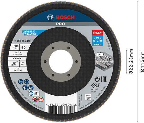 Cakram penutup bersudut Bosch PRO X571 115mm G80 untuk logam.
