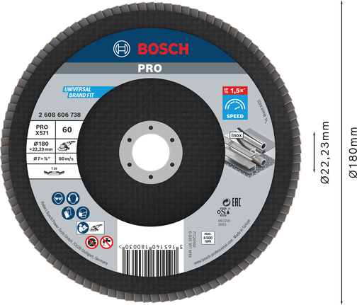Cakram Penutup Bosch PRO X571 180mm G60 untuk penggerindaan logam.