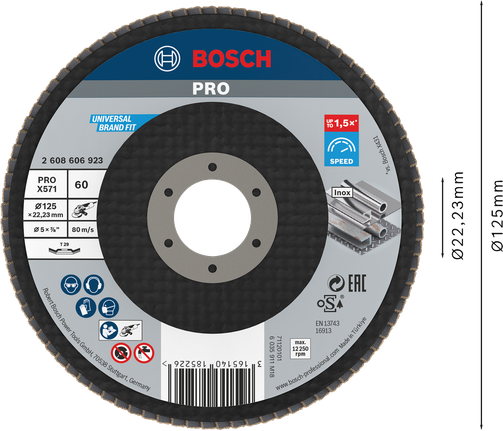 Cakram Penutup Bosch PRO X571 125mm G60 untuk penggerindaan logam.