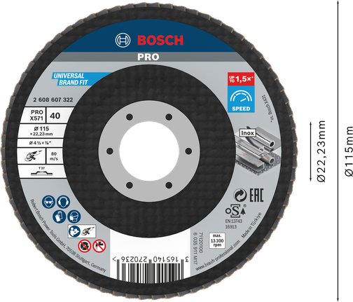 Cakram penutup Bosch PRO X571 115mm G40 untuk penggerindaan logam.