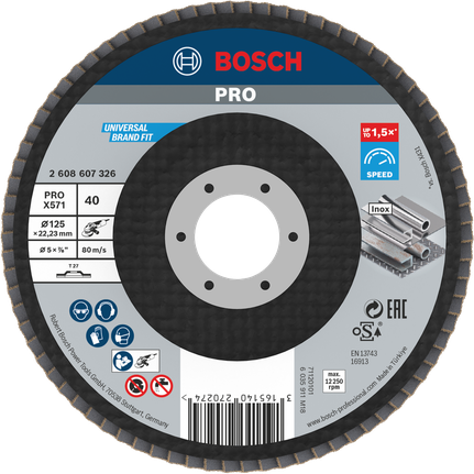 Cakram Penutup Bosch PRO X571 G40, 125 mm untuk penggerindaan logam.
