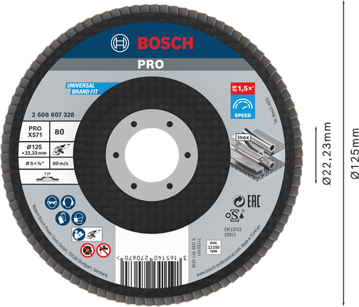 Cakram penutup Bosch PRO X571 125mm G80 untuk penggerindaan logam.
