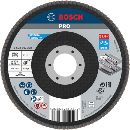 Cakram penutup Bosch PRO X571 125mm G80 untuk penggerindaan logam.