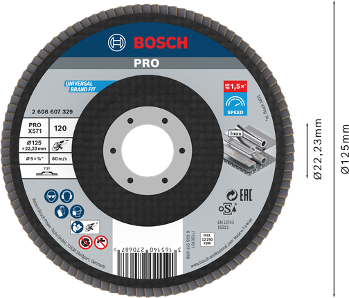 Cakram penutup Bosch PRO X571 125 mm G120 untuk penggerindaan inox.