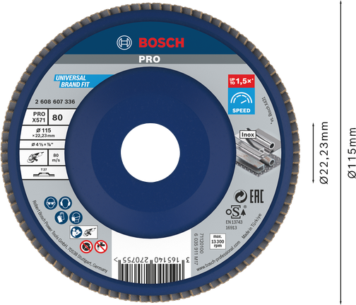 Bosch PRO X571 Flap Disc 115mm G80 untuk pengamplasan logam.