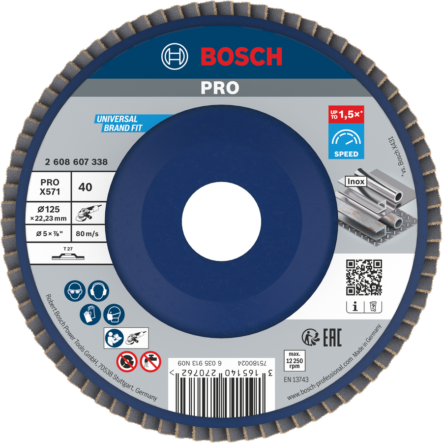 Cakram penutup Bosch PRO X571 125mm G40 untuk penggerindaan logam cepat.
