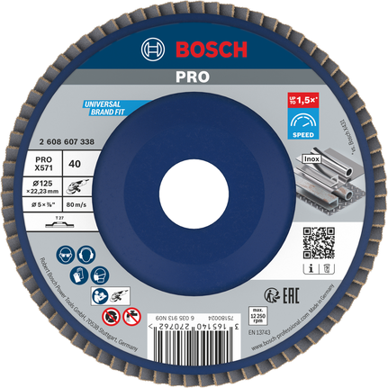 Cakram penutup Bosch PRO X571 125mm G40 untuk penggerindaan logam cepat.