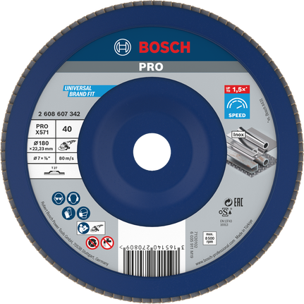 Cakram penutup Bosch PRO X571 180 mm G40 untuk penggerindaan logam.