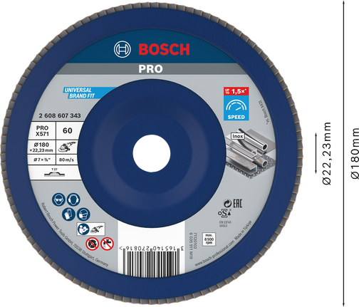 Cakram penutup Bosch PRO X571 180mm G60 untuk penggerindaan logam.