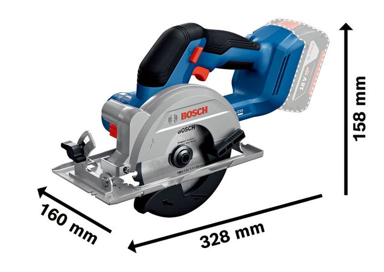 Gergaji bundar tanpa kabel Bosch GKS18V-51 dengan dimensi ukuran.