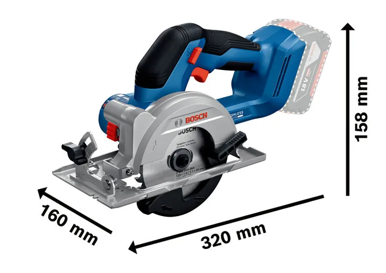 Gergaji bundar tanpa kabel Bosch GKS 18V-44 beserta dimensinya.