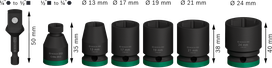Set Kunci Sok Impact Bosch PRO dengan adaptor 1/2 inci, 7 buah.