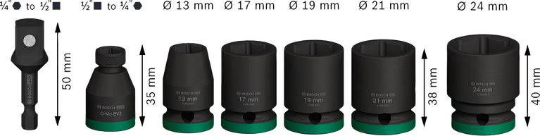 Set Kunci Sok Impact Bosch PRO dengan adaptor 1/2 inci, 7 buah.