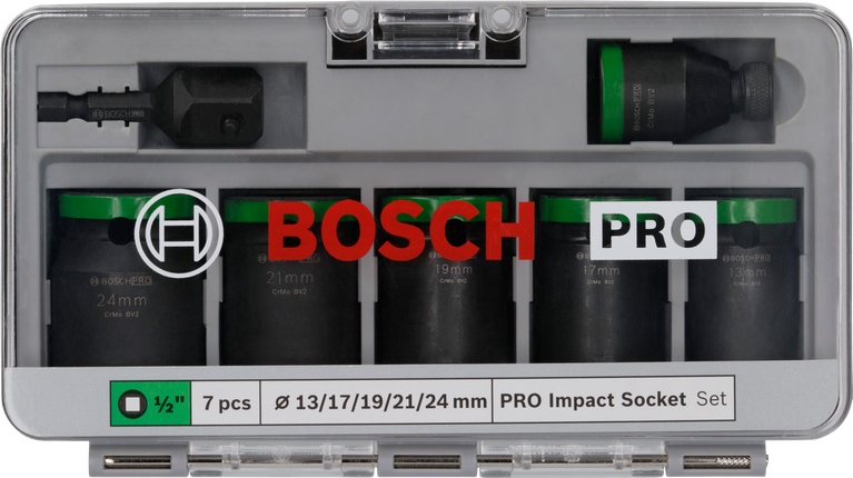 Set Kunci Sok Impact Bosch PRO dengan adaptor, 7 buah.