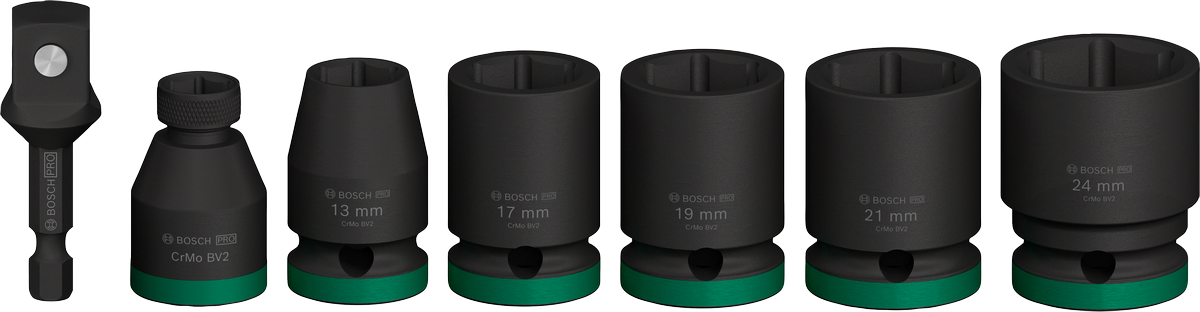 Set Kunci Sok Impact Bosch PRO dengan adaptor, 7 buah.