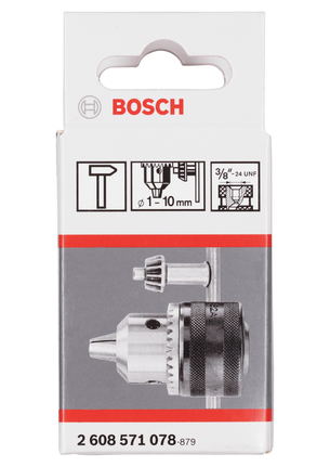 Chuck bor Bosch 1-10 mm dengan kunci untuk perkakas listrik.