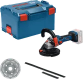 Penggiling dinding Bosch GBR 18V-15 S beserta casing dan aksesori.