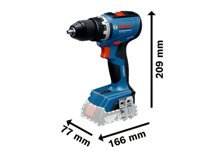 Bor tanpa kabel Bosch GSR 18V-65, ringkas 77x166x209 mm.
