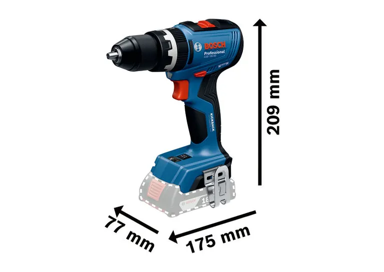 Bor tanpa kabel Bosch GSB 18V-65 dengan dimensi ukuran.