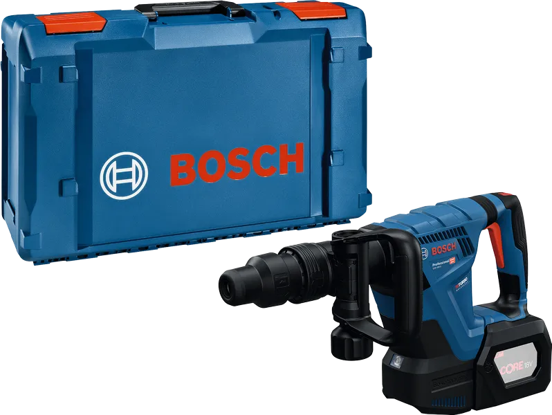 Palu penghancur nirkabel Bosch GSH 18V-5 SDS-max beserta wadahnya.