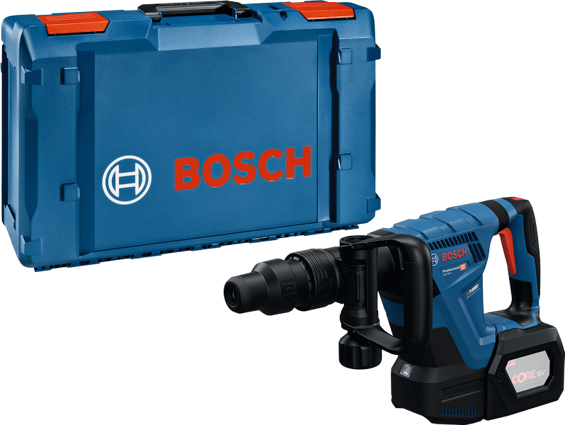 Palu penghancur nirkabel Bosch GSH 18V-5 SDS-max beserta wadahnya.