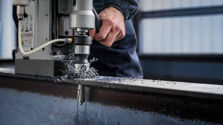 Orang yang mengoperasikan bor magnet untuk membuat lubang pada balok baja.