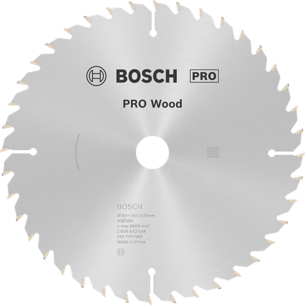 Mata Gergaji Sirkular PRO Wood, 184 x 1,6 x 20 mm Mata Gergaji Lingkar Kayu Bosch PRO 184 mm 40 gigi.