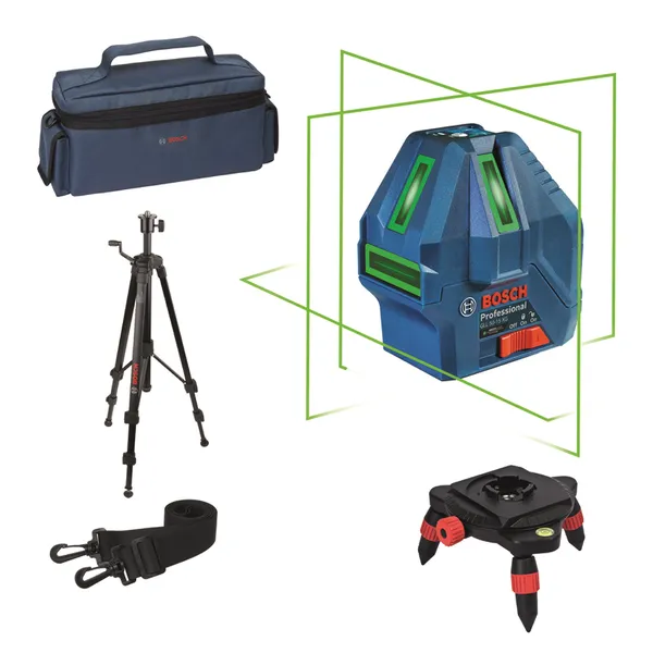 Set alat perata laser Bosch GLL 50-15 XG dengan tripod.