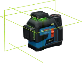 Alat perataan laser Bosch GLL 12V-100-33 CG dengan garis hijau.