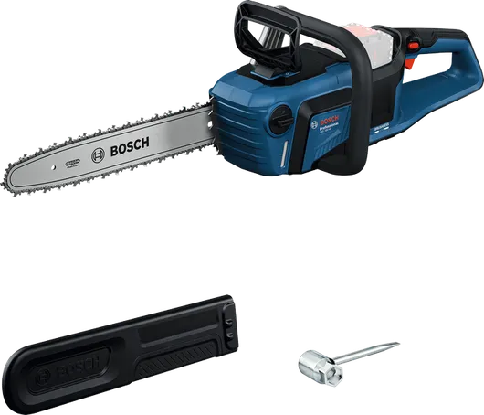 Gergaji mesin nirkabel Bosch GKE 18V-40 dengan penutup dan peralatan.