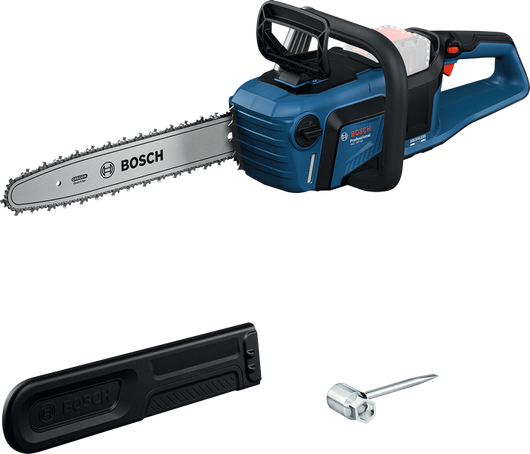 Gergaji mesin nirkabel Bosch GKE 18V-40 dengan penutup dan peralatan.
