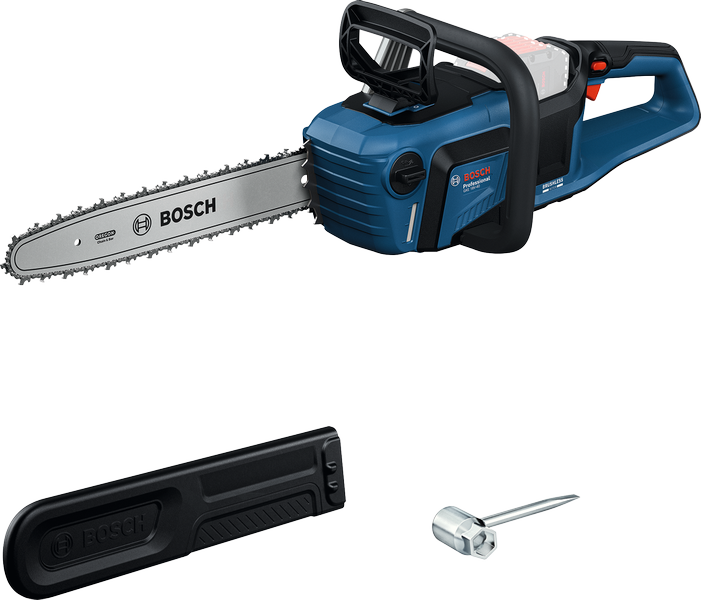 Gergaji mesin nirkabel Bosch GKE 18V-40 dengan penutup dan peralatan.