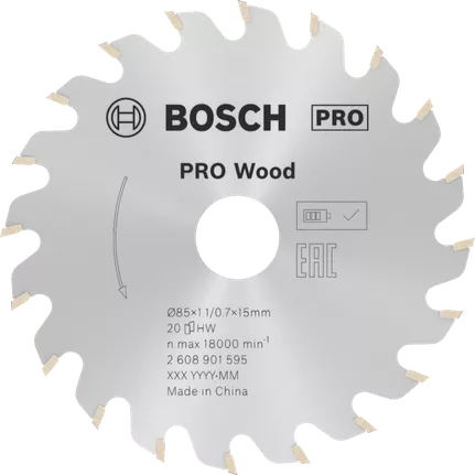 Mata Gergaji Sirkular PRO Wood, 85 x 1,1 x 15 mm, T20 Mata Gergaji Bundar Bosch PRO Wood 85 mm untuk potongan kayu halus.