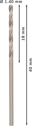 Mata Bor Puntir PRO Metal HSS-G Panjang Standar, 1,4 x 18 x 40 mm, 10 buah Mata bor putar Bosch PRO Metal HSS-G 1,4 mm, panjang kerja 18 mm.