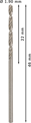 Mata Bor Puntir PRO Metal HSS-G Panjang Standar, 1,9 x 22 x 46 mm, 10 buah Mata Bor Putar Bosch PRO Metal HSS-G 1,9 mm, panjang 46 mm.
