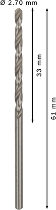 Mata Bor Puntir PRO Metal HSS-G Panjang Standar, 2,7 x 33 x 61 mm, 10 buah Mata bor putar Bosch PRO Metal HSS-G 2,7mm panjang 61mm.