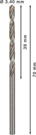 Mata Bor Puntir PRO Metal HSS-G Panjang Standar, 3,4 x 39 x 70 mm, 10 buah Mata bor putar Bosch PRO Metal HSS-G 3,4 mm.
