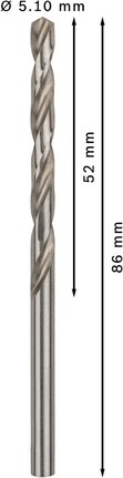Mata Bor Puntir PRO Metal HSS-G Panjang Standar, 5,1 x 52 x 86 mm, 10 buah Mata bor putar Bosch PRO Metal HSS-G 5,1 mm, panjang 86 mm.