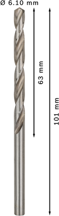 Mata Bor Puntir PRO Metal HSS-G Panjang Standar, 6,1 x 63 x 101 mm, 10 buah Mata bor putar Bosch PRO Metal HSS-G 6,1 mm, panjang 101 mm.
