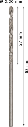 Mata Bor Puntir PRO Metal HSS-G Panjang Standar, 2,2 x 27 x 53 mm, 10 buah Mata bor putar Bosch PRO Metal HSS-G 2,2 mm, panjang 53 mm.