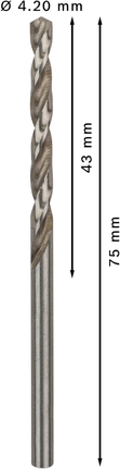 Mata Bor Puntir PRO Metal HSS-G Panjang Standar, 4,2 x 43 x 75 mm, 10 buah Mata bor putar Bosch PRO Metal HSS-G diameter 4,2 mm.