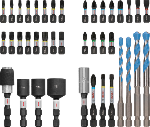 Bosch PRO Impact Mixed Set berisi 40 pcs, mata bor dan bit berkode warna.